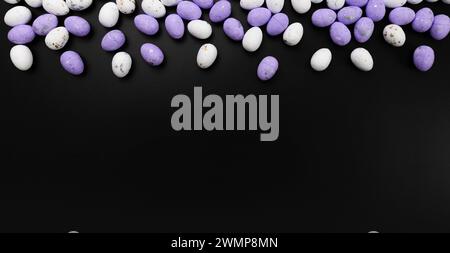 Top view of purple and white easter eggs on black background. Creative easter composition, spring, copy space, flat lay. Stock Photo