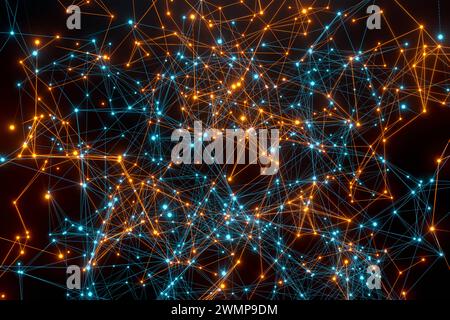 Plexus or polygon network in orange and blue. Polygon network in orange and blue. Abstract plexus, science, connections, wire, system and digital geom Stock Photo