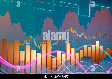 Business report, sales information, orange bar graph, numbers and lines. Business information, orange bar graph, numbers and lines. Rising charts in t Stock Photo