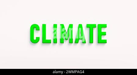 Climate Climate, banner or sign. The word climatek in green capital letters. Temperature, heat, cold, atmosphere, environment. 3D illustration text ba Stock Photo