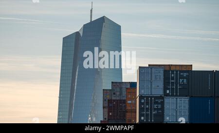 A scenic view of a modern skyscraper at sunset in Frankfurt am Main, Germany Stock Photo