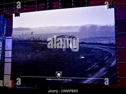 ZAPORIZHZHIA, UKRAINE - 26, 2024 - Photo exhibition 'On the Frontline of Life' featuring photos taken while the military were on combat missions, organized by soldiers of the 116th Separate Mechanized Brigade, opens at the Orbita Palace of Culture, Zaporizhzhia, south-eastern Ukraine. Stock Photo