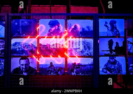 ZAPORIZHZHIA, UKRAINE - 26, 2024 - Photo exhibition 'On the Frontline of Life' featuring photos taken while the military were on combat missions, organized by soldiers of the 116th Separate Mechanized Brigade, opens at the Orbita Palace of Culture, Zaporizhzhia, south-eastern Ukraine. Stock Photo