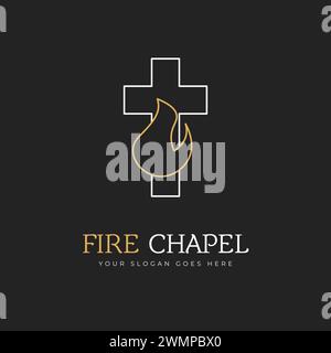 Christian cross with flame. Pentecostal fire chapel logo design. Holy Spirit invitation to church. Stock vector illustration isolated on Stock Vector