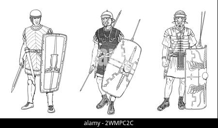 Roman legionnaires from different times. Historical drawing. Stock Photo