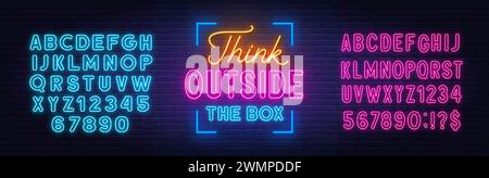 Think outside the box - neon lettering on brick wall background Stock Vector