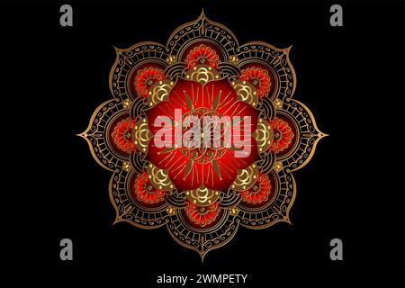 Luxury Mandala with beautiful vintage circular pattern of indian. Round gold floral decoration on red color, vector illustration isolated on black Stock Vector