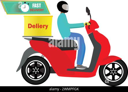 Delivery vehicle with Man, Delivery man with red scooter, Delivery person riding, Food delivery Stock Vector