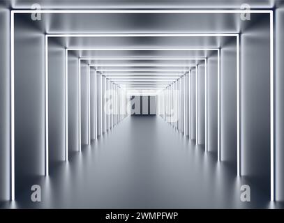 White neon tunnel. Black corridor with white glowing fluorescent lamp. Stock Vector