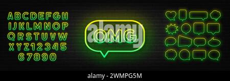 Green Yellow gradient fluorescent neon alphabet and speech bubble on brick wall background.  OMG neon sign on brick wall background. Stock Vector