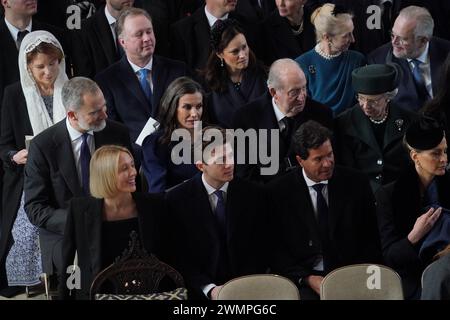 (front row left to right) Princess Olympia of Greece, Prince Achilleas of Greece, Carlos Morales and Princess Tatiana of Greece and (second row left to right) King Felipe of Spain, Queen Letizia of Spain, King Juan Carlos of Spain, Princess Benedikte of Denmark and (top row left to right) Queen Noor of Jordan, Prince Gustav zu Sayn-Wittgenstein-Berleburg, Princess Carina zu Sayn-Wittgenstein-Berleburg, Princess Alexandra zu Sayn-Wittgenstein-Berleburg and Count Michael Ahlefeldt-Laurvig-Bille attend a thanksgiving service for the life of King Constantine of the Hellenes at St George's Chapel,  Stock Photo