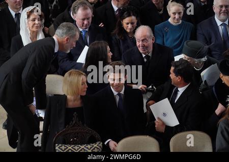 (front row left to right) Princess Olympia of Greece, Prince Achilleas of Greece, Carlos Morales and (second row left to right) King Felipe of Spain, Queen Letizia of Spain, King Juan Carlos of Spain, Princess Benedikte of Denmark and (top row left to right) Queen Noor of Jordan, Prince Gustav zu Sayn-Wittgenstein-Berleburg, Princess Carina zu Sayn-Wittgenstein-Berleburg, Princess Alexandra zu Sayn-Wittgenstein-Berleburg and Count Michael Ahlefeldt-Laurvig-Bille attend a thanksgiving service for the life of King Constantine of the Hellenes at St George's Chapel, in Windsor Castle, Berkshire. P Stock Photo