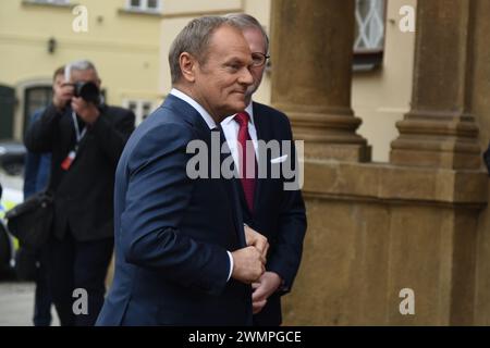 Prague, Czech Republic. 27th Feb, 2024. Polish prime minister Donald Tusk seen before the summit of the Visegrad Group (V4) in Prague. Prime ministers of the Czech Republic, Slovakia, Poland and Hungary meets at the summit of the Visegrad Group (V4). The main topics discussed during the summit are energy security, strategic agenda of European Union, support of Ukraine during Russian invasion. Visegrad group (V4) was established in 1991 and consists of 4 countries from Central Europe: Czech republic, Slovakia, Hungary and Poland. Credit: SOPA Images Limited/Alamy Live News Stock Photo