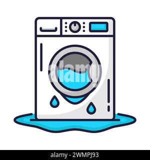 Color plumbing service icon with broken washing machine. Toilet, pipe, bathroom problems. Home appliances repair service, plumbing problem fixing or sewage cleaning thin line vector icon or sign Stock Vector