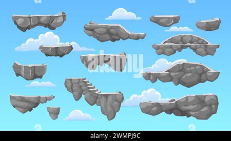Cartoon rock stone game platforms on vector background of blue sky and clouds. Arcade, 2d video and computer game UI interface assets set of stone jump platforms with gray rocks, stairs and bridge Stock Vector