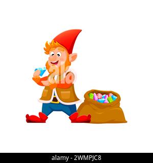 Cartoon gnome or dwarf character with treasure. Isolated vector fantastical personage with friendly grin, joyfully presents collection of colorful mined gemstones, sparkling with enchanting brilliance Stock Vector