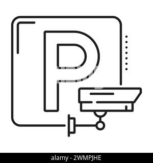 Parking with video surveillance thin line icon. Vehicles safe parking area outline vector symbol or pictogram. Garage location monochrome line sign with road sign and video camera Stock Vector