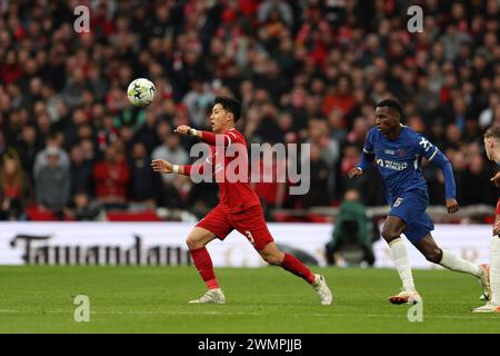 London, UK. 25th Feb, 2024. Wataru Endo of Liverpool (l) in action. Carabao Cup final 2024, Chelsea v Liverpool at Wembley Stadium in London on Sunday 25th February 2024. Editorial use only. pic by Andrew Orchard/Andrew Orchard sports photography/Alamy Live News Credit: Andrew Orchard sports photography/Alamy Live News Stock Photo