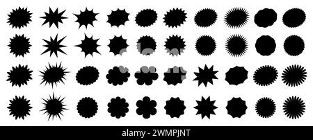 Black starburst sale price seals, stickers and labels for callout and splash, vector star rosettes. Oval and sunburst, stamp and tag badge silhouettes for price promotion labels or sale discount promo Stock Vector