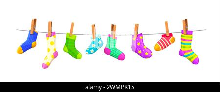 Cotton and wool socks on clothesline rope with clothespins, cartoon vector background. Kids socks hanging on line with pins, socks with color ornament pattern hanging on laundry clothesline Stock Vector