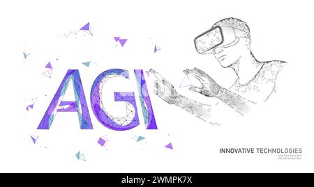 Artificial general intelligence low poly letter symbols. Minimalist style AGI icon. Man head machine learning concept technology AI brain vector illus Stock Vector