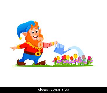 Cartoon gnome or dwarf gardener character, adorned in vibrant attire and a pointy hat, cheerfully tends to blooming flowers. Isolated vector personage carefully watering blooms with a contented smile Stock Vector