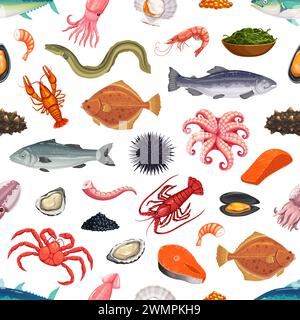 Cartoon seafood seamless pattern with vector fish and sea animals. Sea food background of crab, lobster, shrimp and squid, salmon, tuna and eel. Mussel, scallop and caviar backdrop, seafood restaurant Stock Vector