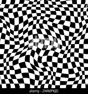 Wavy checker pattern with optical illusion, trippy checkerboard vector background. Back white squares chessboard in swirl or spiral twist distortion for psychedelic and hypnotic visual effect pattern Stock Vector