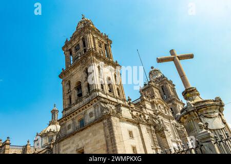 Cathedral Of Mexico City An Architectural Masterpiece With Blue Sky In The Center Of Mexico City In Mexico. Stock Photo