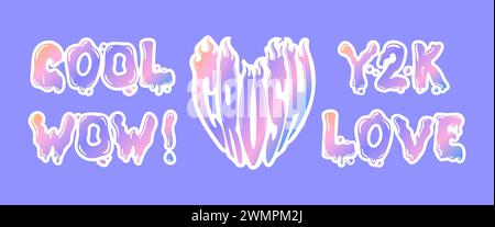 Metallic holographic Y2k sticker. Shining gradient inscriptions. 2000s style. Crush, inscription in the shape of a heart. Flame on letters, bubble gum Stock Vector