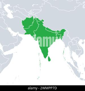 South Asia political map. Southern subregion of Asia, defined in geographical and ethnic-cultural terms. Stock Photo