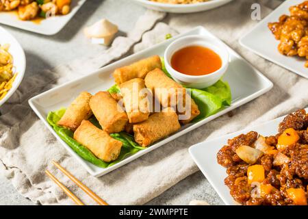 Chinese Deep Fried Vegetable Egg Rolls with Dipping Sauce Stock Photo
