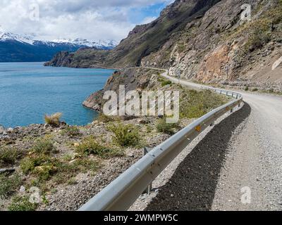 Road 265 along southern shore of lake Lago General Carrera, connecting the Carretera Austral with Chile Chico at the border to Argentina, Patagonia, C Stock Photo