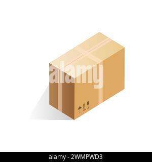 Isometric closed cardboard box of rectangular shape, duct taped parcel vector illustration Stock Vector