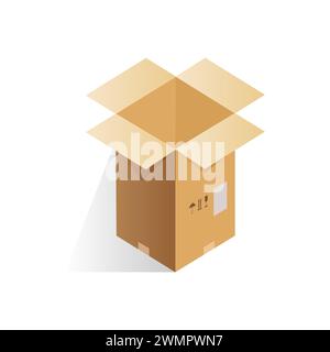 Isometric open empty cardboard box of rectangular shape with label vector illustration Stock Vector