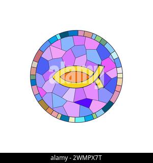 Stained glass round window with Jesus fish Christian religious symbol vector illustration Stock Vector