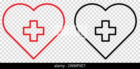 Set of line heart shape with cross inside. Medical care concept. Vector illustration isolated on transparent background Stock Vector