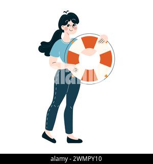 Support concept. Confident professional carrying a lifebuoy, representing readiness to assist and ensure safety in business. Reliability, help, and support theme. Flat vector illustration Stock Vector