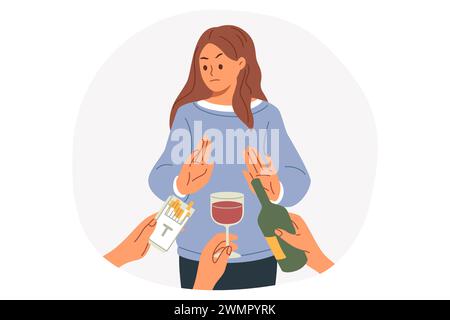 Woman gives up bad habits and makes stop gesture, rejecting offer to smoke or drink alcohol Stock Vector