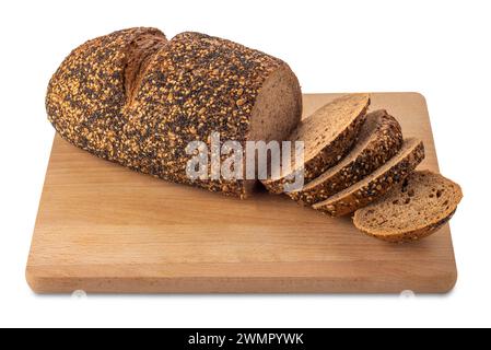 Rye bread with sesame,flax, sunflower and poppy seeds, loaf with slices on wooden cutting board isolated on white with clipping path Stock Photo