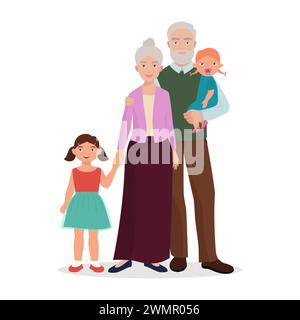 Elderly grandparents standing with grandchildren, senior grandfather holding newborn baby vector illustration Stock Vector