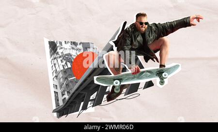 Stylish skateboarder in mid-air, doing stunts over monochrome architecture and red sun graphic. Contemporary art collage. Stock Photo