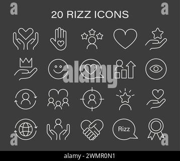 Rizz icon set. Minimalist line icons representing various aspects of social interaction and personal growth. Symbols of care, success, and vision. Vector illustration. Stock Vector