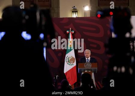 Mexico City, Mexico. 27th Feb, 2024. Mexico's President Andres Manuel Lopez Obrador gesticulates while speak during his briefing conference at the National Palace. on February 27, 2024 in Mexico City, Mexico (Credit Image: © Luis Barron/eyepix via ZUMA Press Wire) EDITORIAL USAGE ONLY! Not for Commercial USAGE! Stock Photo