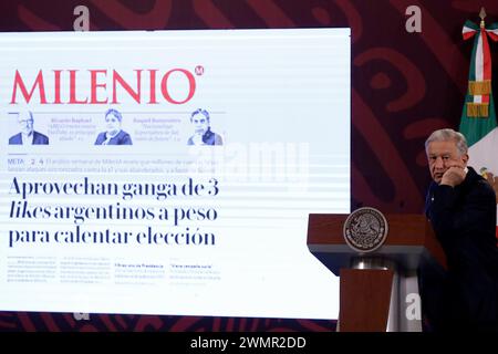 Mexico City, Mexico. 27th Feb, 2024. Mexico's President Andres Manuel Lopez Obrador gesticulates while speak during his briefing conference at the National Palace. on February 27, 2024 in Mexico City, Mexico (Credit Image: © Luis Barron/eyepix via ZUMA Press Wire) EDITORIAL USAGE ONLY! Not for Commercial USAGE! Stock Photo