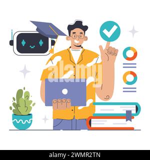 Chat Bot Training concept. An enthusiastic programmer fine-tunes a chatbot, showcasing commitment to AI excellence. Signifying progress, knowledge, and hands-on expertise. Flat vector illustration Stock Vector
