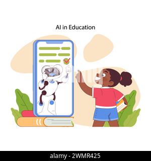 AI in Education concept. A cheerful student interacts with a virtual AI tutor on a smartphone, symbolizing modern learning. Flat vector illustration Stock Vector