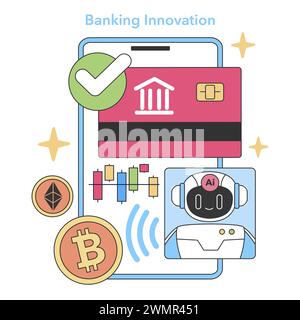 Banking Innovation concept. Integrating technology with finances through AI, mobile banking, and cryptocurrency. Secure digital transactions. Flat vector illustration. Stock Vector