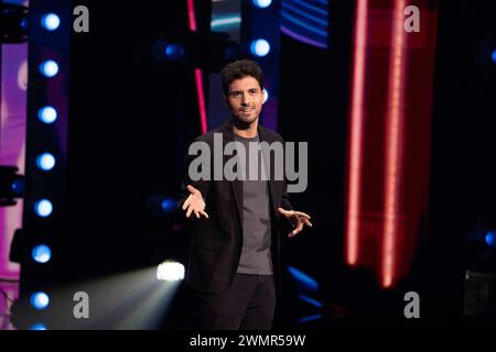 Naples, Italy. 19th Feb, 2024. Vincenzo Comunale seen speaking at the famous comedy show 'Mad in Italy'' at RAI auditorium of Naples. (Credit Image: © Francesco Cigliano/SOPA Images via ZUMA Press Wire) EDITORIAL USAGE ONLY! Not for Commercial USAGE! Stock Photo