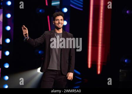 Naples, Italy. 19th Feb, 2024. Vincenzo Comunale seen speaking at the famous comedy show 'Mad in Italy'' at RAI auditorium of Naples. (Credit Image: © Francesco Cigliano/SOPA Images via ZUMA Press Wire) EDITORIAL USAGE ONLY! Not for Commercial USAGE! Stock Photo